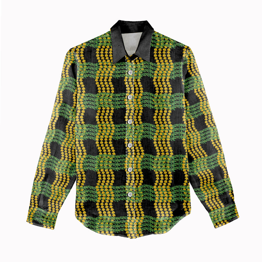 Aloha Hawaii Ilima Maile Lei Women Casual Shirt Palaka Inspired Hawaiian-plaid Black LT14 - Polynesian Pride