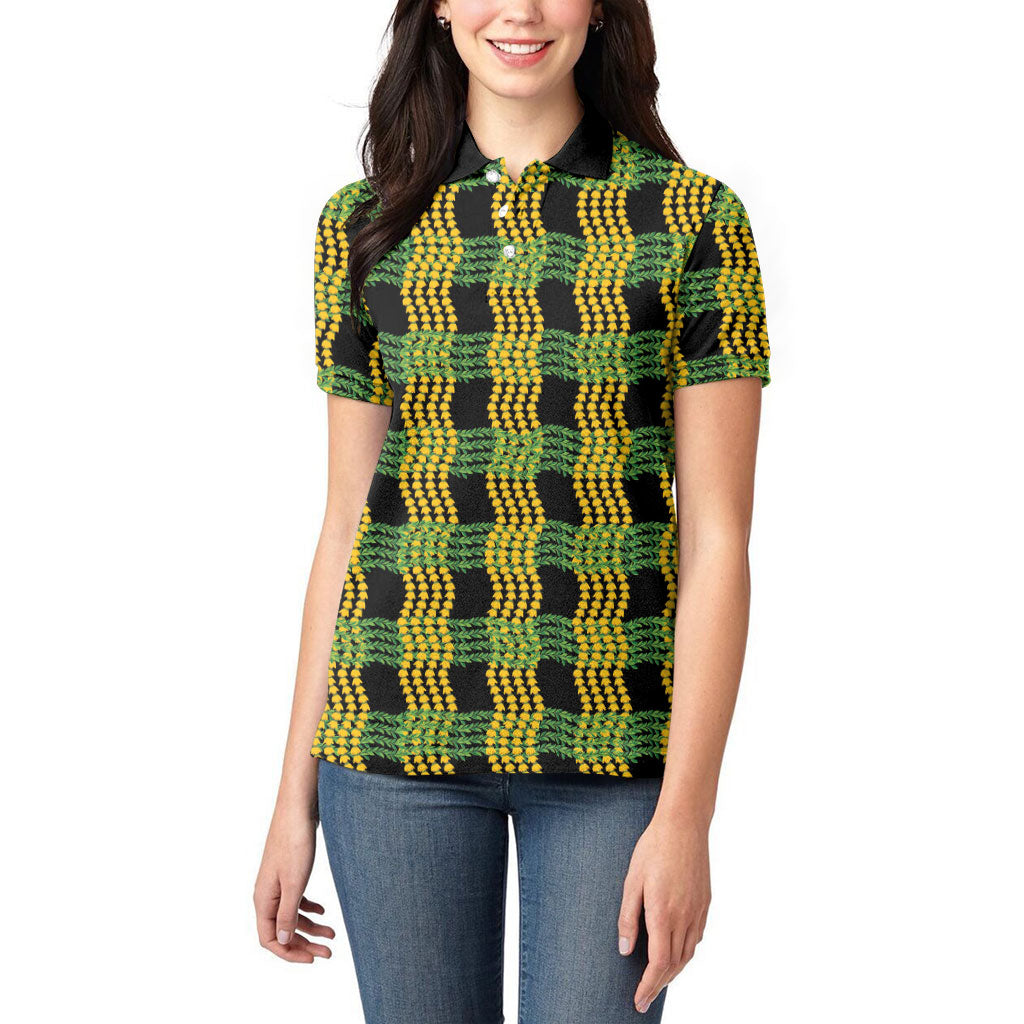 Aloha Hawaii Ilima Maile Lei Women Polo Shirt Palaka Inspired Hawaiian-plaid Black LT14 - Polynesian Pride