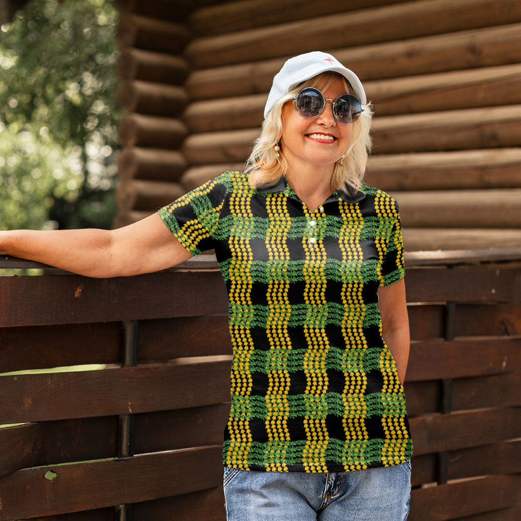Aloha Hawaii Ilima Maile Lei Women Polo Shirt Palaka Inspired Hawaiian-plaid Black LT14 - Polynesian Pride