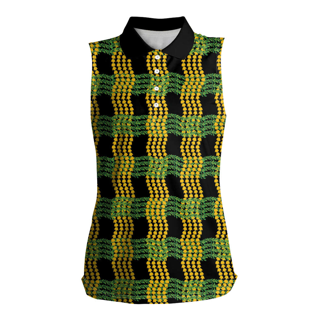 Aloha Hawaii Ilima Maile Lei Women Sleeveless Polo Shirt Palaka Inspired Hawaiian-plaid Black LT14 Female Black - Polynesian Pride
