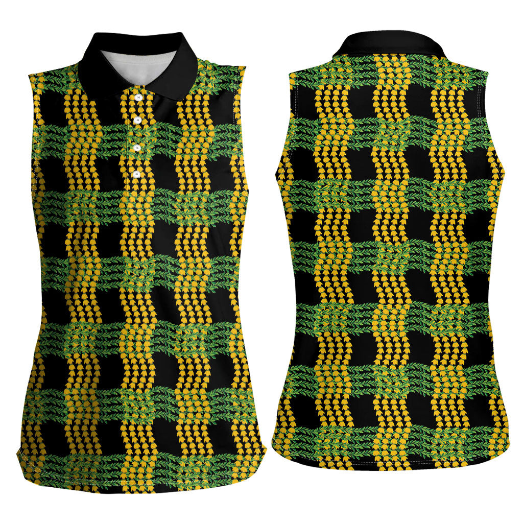 Aloha Hawaii Ilima Maile Lei Women Sleeveless Polo Shirt Palaka Inspired Hawaiian-plaid Black LT14 - Polynesian Pride
