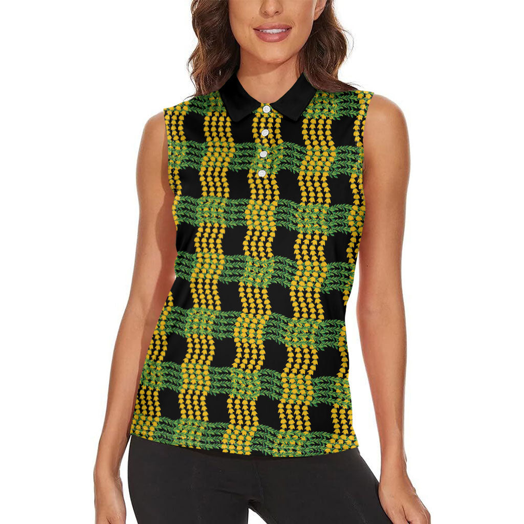 Aloha Hawaii Ilima Maile Lei Women Sleeveless Polo Shirt Palaka Inspired Hawaiian-plaid Black LT14 - Polynesian Pride