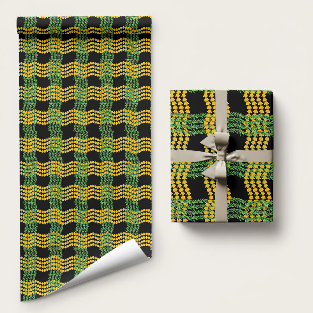 Aloha Hawaii Ilima Maile Lei Wrapping Paper Palaka Inspired Hawaiian-plaid Black LT14 58" × 23" Black - Polynesian Pride