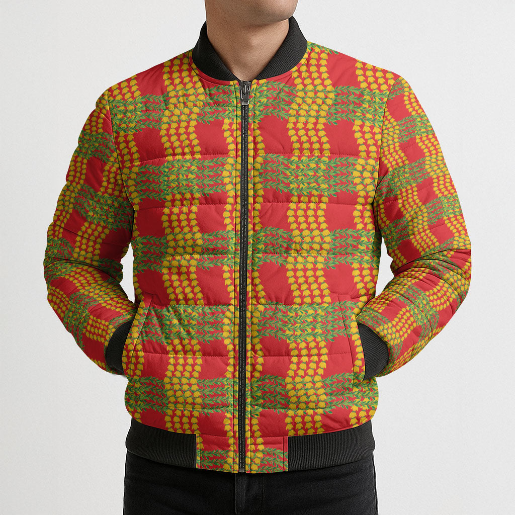 Aloha Hawaii Ilima Maile Lei Bomber Puffer Jacket Palaka Inspired Hawaiian-plaid Red