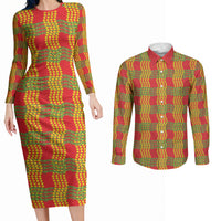 Aloha Hawaii Ilima Maile Lei Couples Matching Long Sleeve Bodycon Dress and Long Sleeve Button Shirt Palaka Inspired Hawaiian-plaid Red LT14 Red - Polynesian Pride