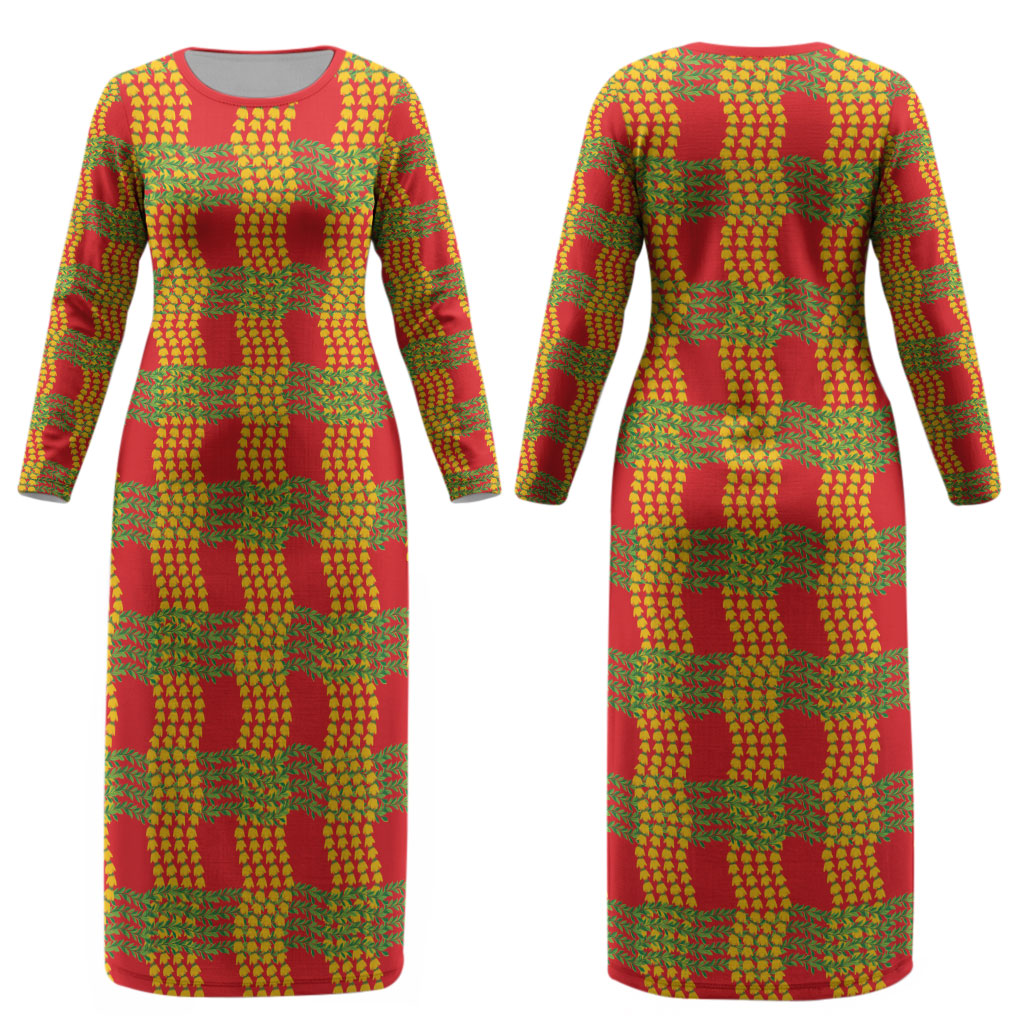 Aloha Hawaii Ilima Maile Lei Couples Matching Long Sleeve Bodycon Dress and Long Sleeve Button Shirt Palaka Inspired Hawaiian-plaid Red LT14 - Polynesian Pride