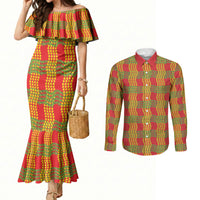 Aloha Hawaii Ilima Maile Lei Couples Matching Mermaid Dress and Long Sleeve Button Shirt Palaka Inspired Hawaiian-plaid Red LT14 Red - Polynesian Pride