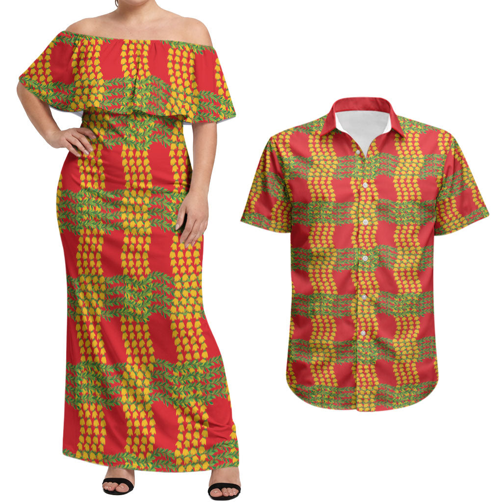 Aloha Hawaii Ilima Maile Lei Couples Matching Off Shoulder Maxi Dress and Hawaiian Shirt Palaka Inspired Hawaiian-plaid Red LT14 Red - Polynesian Pride