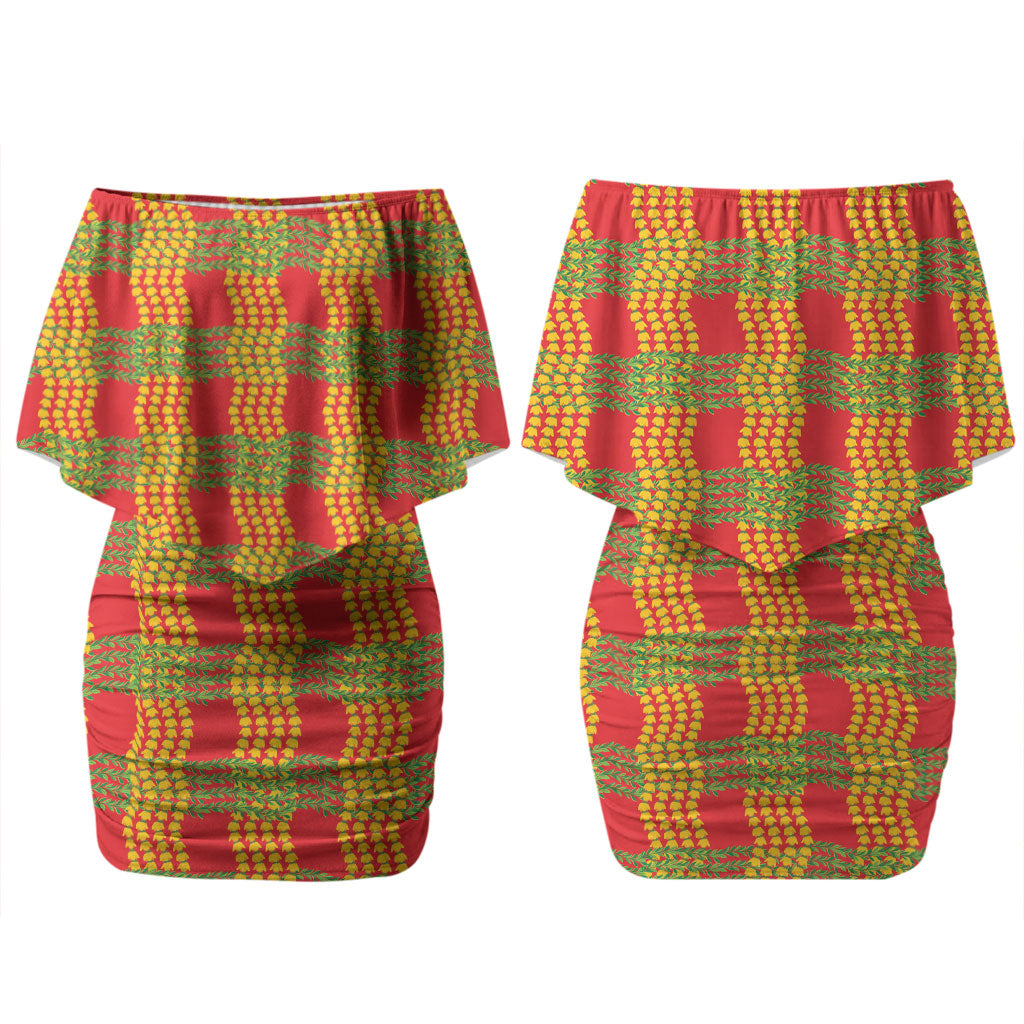 Aloha Hawaii Ilima Maile Lei Couples Matching Off Shoulder Short Dress and Hawaiian Shirt Palaka Inspired Hawaiian-plaid Red LT14 - Polynesian Pride