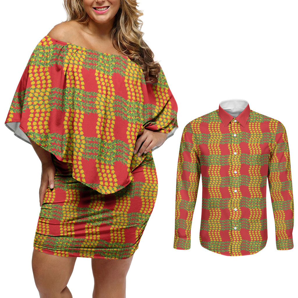 Aloha Hawaii Ilima Maile Lei Couples Matching Off Shoulder Short Dress and Long Sleeve Button Shirt Palaka Inspired Hawaiian-plaid Red LT14 Red - Polynesian Pride