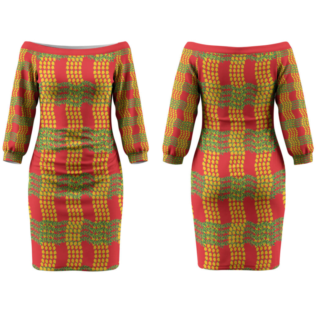 Aloha Hawaii Ilima Maile Lei Couples Matching Off The Shoulder Long Sleeve Dress and Long Sleeve Button Shirt Palaka Inspired Hawaiian-plaid Red LT14 - Polynesian Pride
