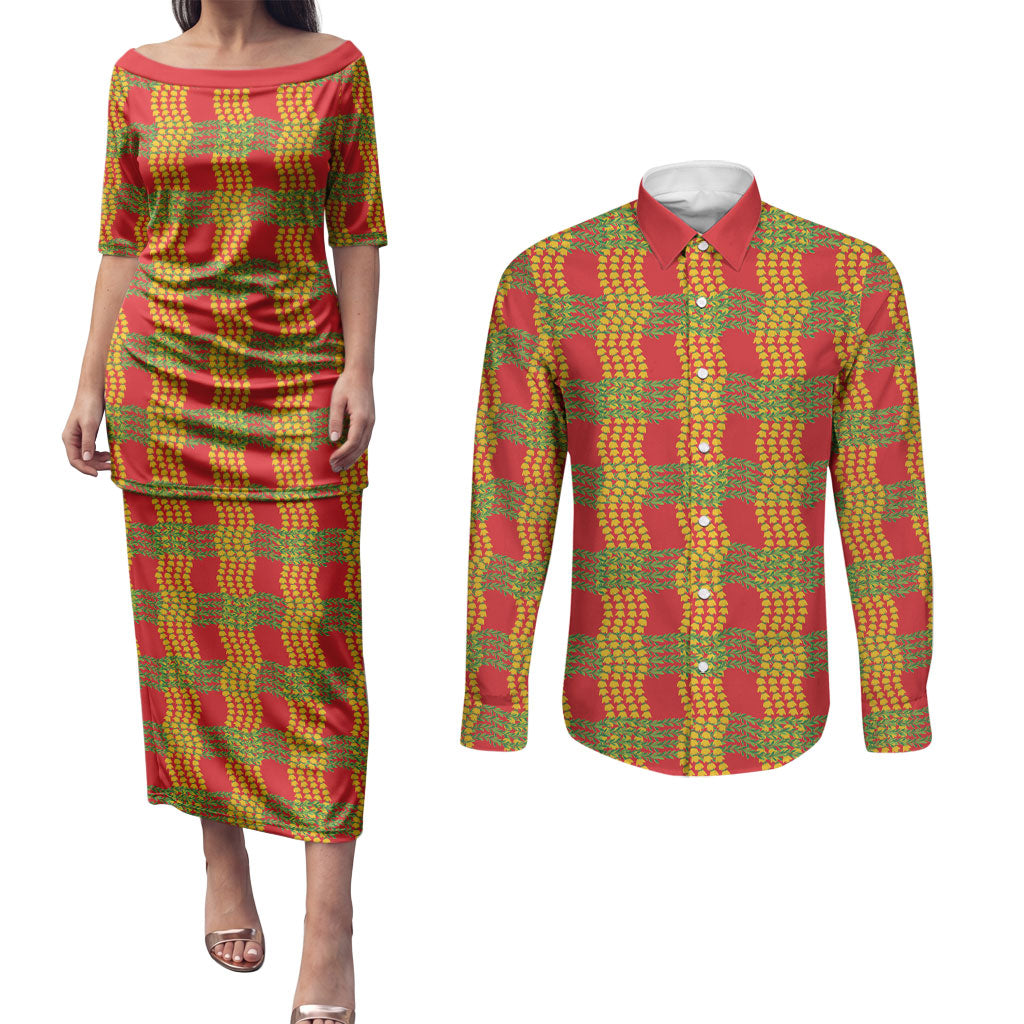 Aloha Hawaii Ilima Maile Lei Couples Matching Puletasi and Long Sleeve Button Shirt Palaka Inspired Hawaiian-plaid Red LT14 Red - Polynesian Pride