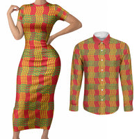Aloha Hawaii Ilima Maile Lei Couples Matching Short Sleeve Bodycon Dress and Long Sleeve Button Shirt Palaka Inspired Hawaiian-plaid Red LT14 Red - Polynesian Pride