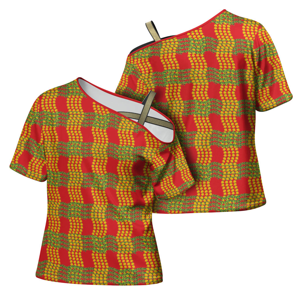 Aloha Hawaii Ilima Maile Lei Cross Shoulder Shirt Palaka Inspired Hawaiian-plaid Red LT14 - Polynesian Pride