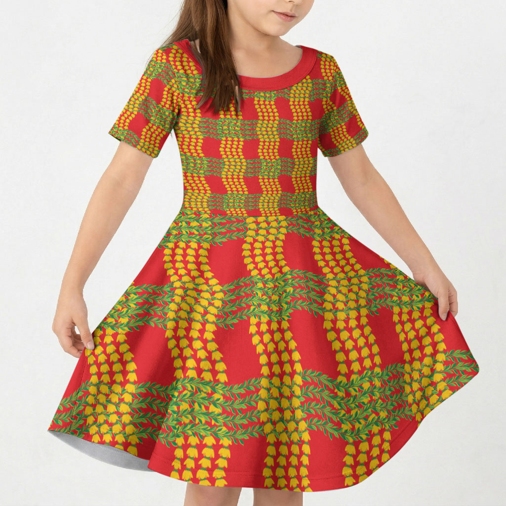 Aloha Hawaii Ilima Maile Lei Kid Short Sleeve Dress Palaka Inspired Hawaiian-plaid Red LT14 KID Red - Polynesian Pride