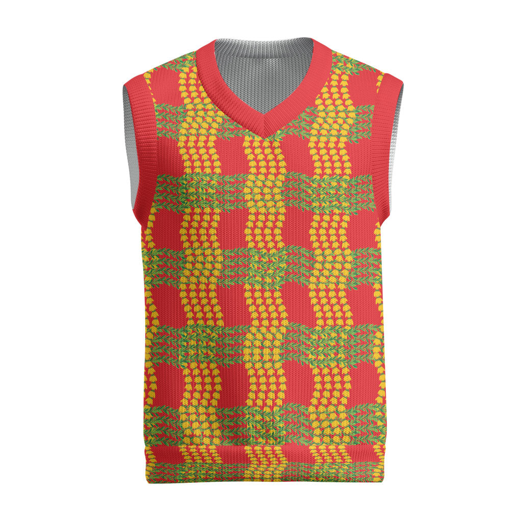 Aloha Hawaii Ilima Maile Lei Christmas Knitted V-Neck Vest Palaka Inspired Hawaiian-plaid Red LT14 Red - Polynesian Pride