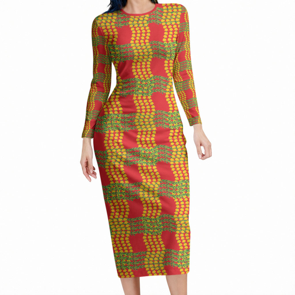 Aloha Hawaii Ilima Maile Lei Long Sleeve Bodycon Dress Palaka Inspired Hawaiian-plaid Red LT14 Long Dress Red - Polynesian Pride