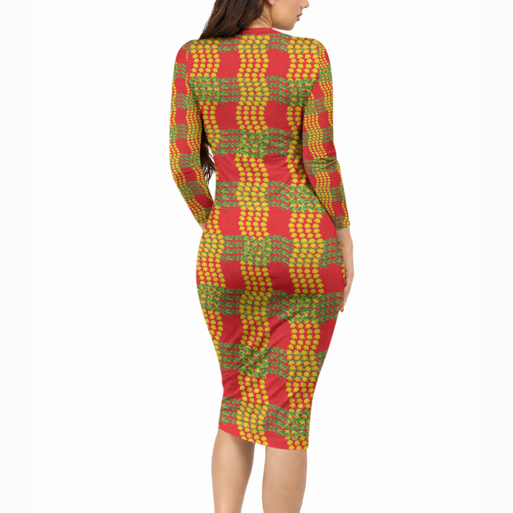 Aloha Hawaii Ilima Maile Lei Long Sleeve Bodycon Dress Palaka Inspired Hawaiian-plaid Red LT14 - Polynesian Pride