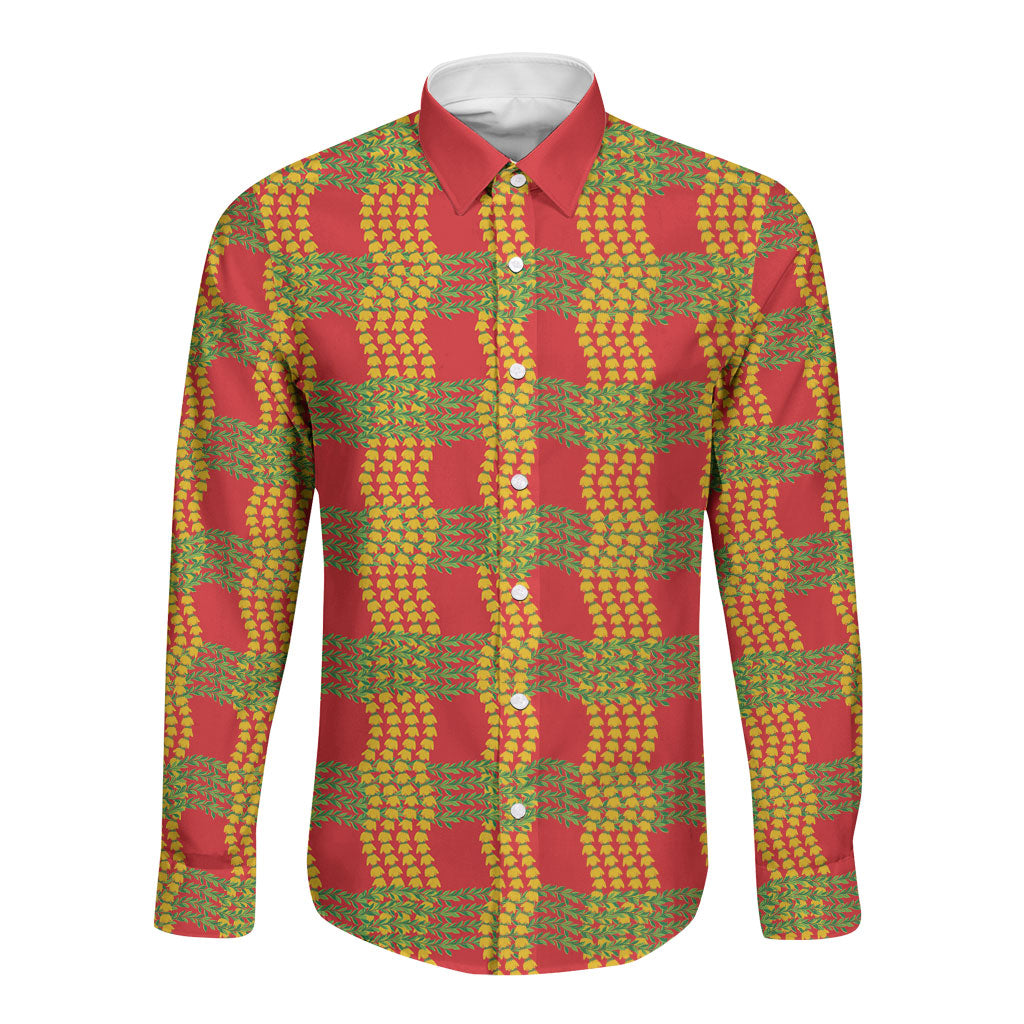 Aloha Hawaii Ilima Maile Lei Long Sleeve Button Shirt Palaka Inspired Hawaiian-plaid Red