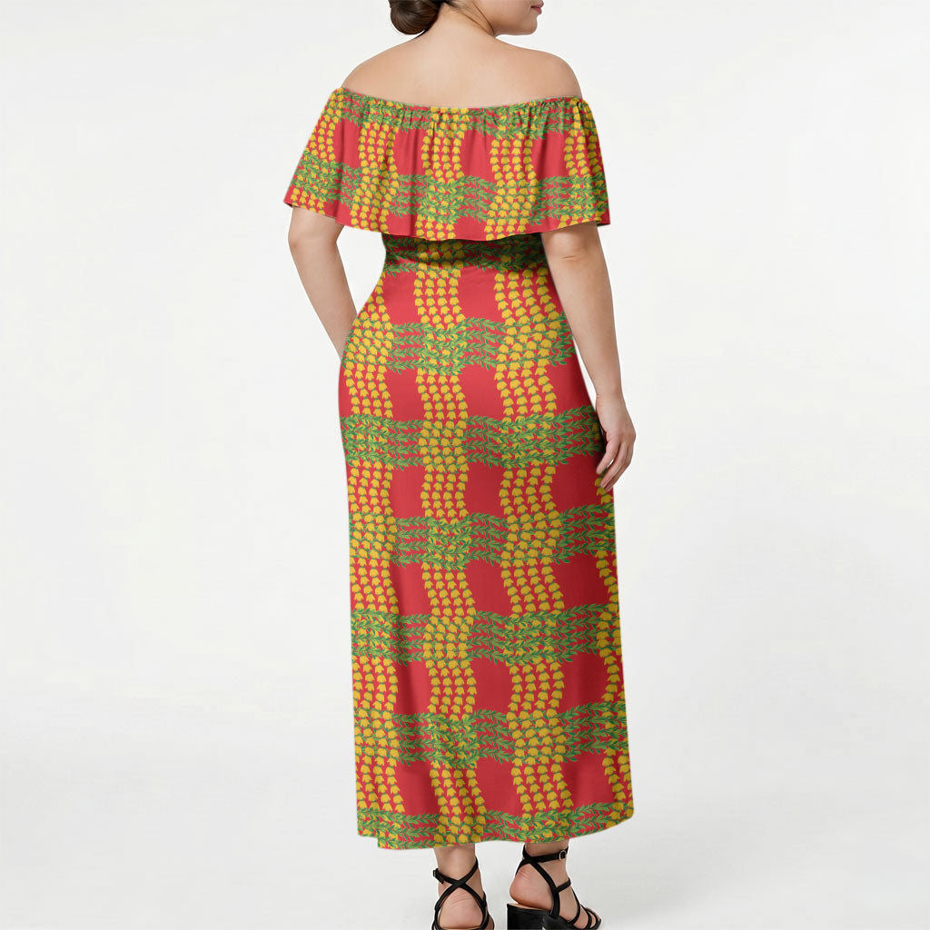 Aloha Hawaii Ilima Maile Lei Off Shoulder Maxi Dress Palaka Inspired Hawaiian-plaid Red LT14 - Polynesian Pride