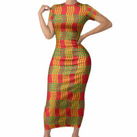 Aloha Hawaii Ilima Maile Lei Short Sleeve Bodycon Dress Palaka Inspired Hawaiian-plaid Red LT14 Long Dress Red - Polynesian Pride