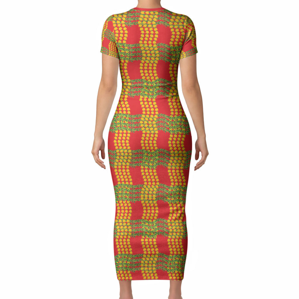 Aloha Hawaii Ilima Maile Lei Short Sleeve Bodycon Dress Palaka Inspired Hawaiian-plaid Red LT14 - Polynesian Pride