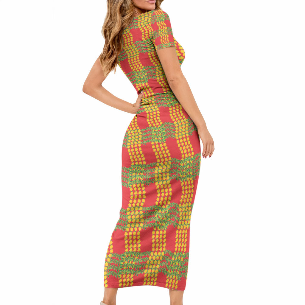 Aloha Hawaii Ilima Maile Lei Short Sleeve Bodycon Dress Palaka Inspired Hawaiian-plaid Red LT14 - Polynesian Pride