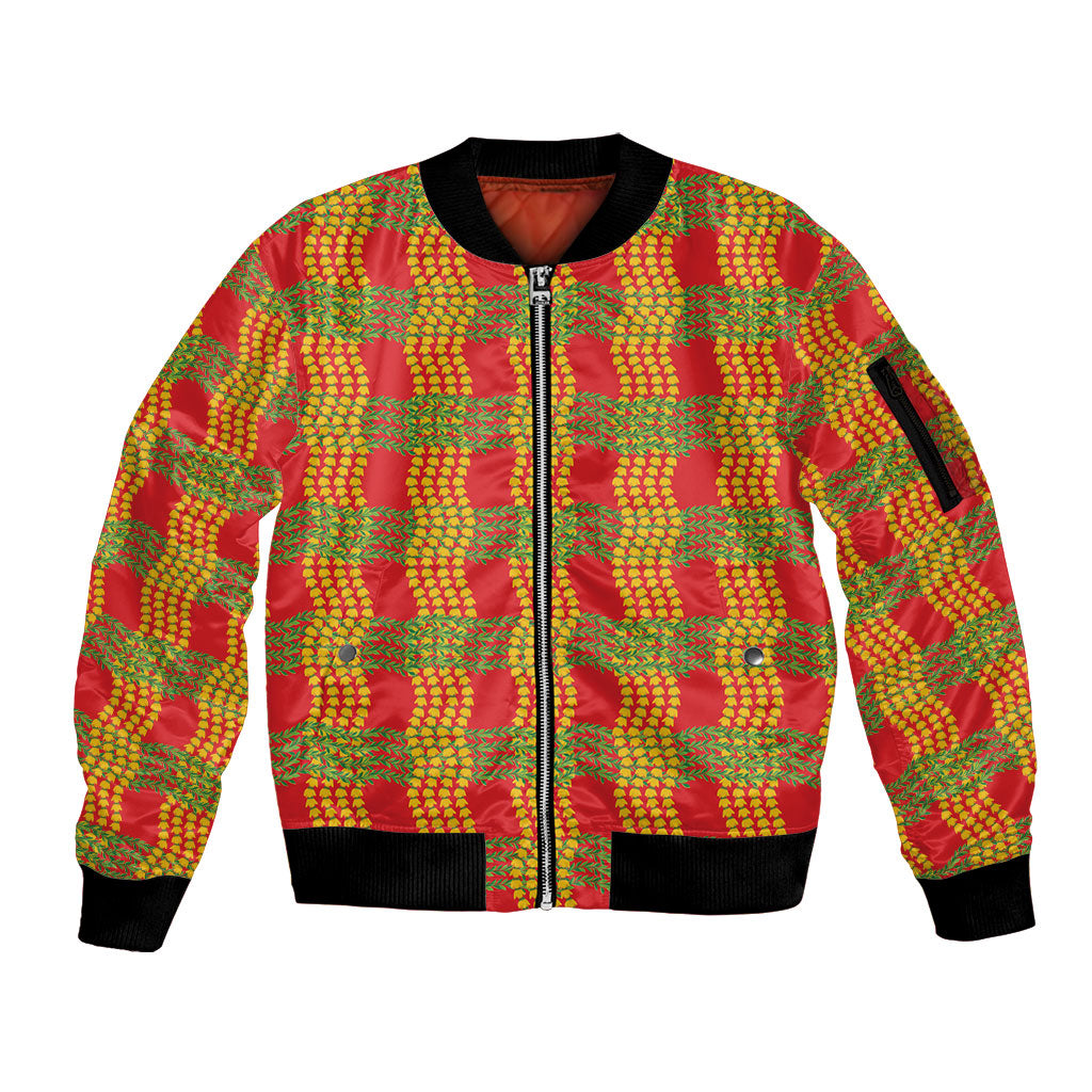Aloha Hawaii Ilima Maile Lei Sleeve Zip Bomber Jacket Palaka Inspired Hawaiian-plaid Red LT14 Unisex Red - Polynesian Pride