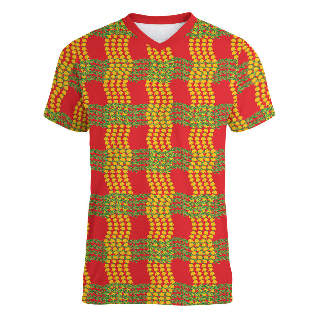 Aloha Hawaii Ilima Maile Lei Women V-Neck T-Shirt Palaka Inspired Hawaiian-plaid Red LT14 Female Red - Polynesian Pride