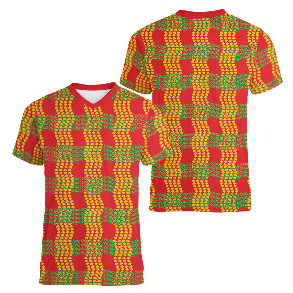 Aloha Hawaii Ilima Maile Lei Women V-Neck T-Shirt Palaka Inspired Hawaiian-plaid Red LT14 - Polynesian Pride