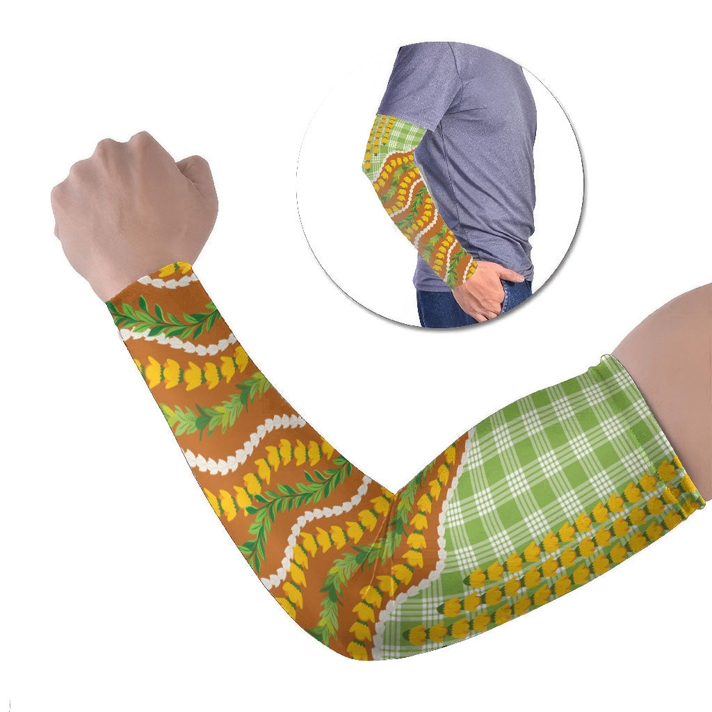 Hawaii Leis Palaka Motifs Arm Sleeves Pikake Pakalana Maile Ilima Kakau Style LT14 Set of 2 Multicolor - Polynesian Pride