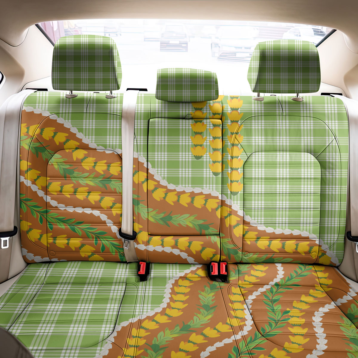 Hawaii Leis Palaka Motifs Back Car Seat Cover Pikake Pakalana Maile Ilima Kakau Style LT14 - Polynesian Pride
