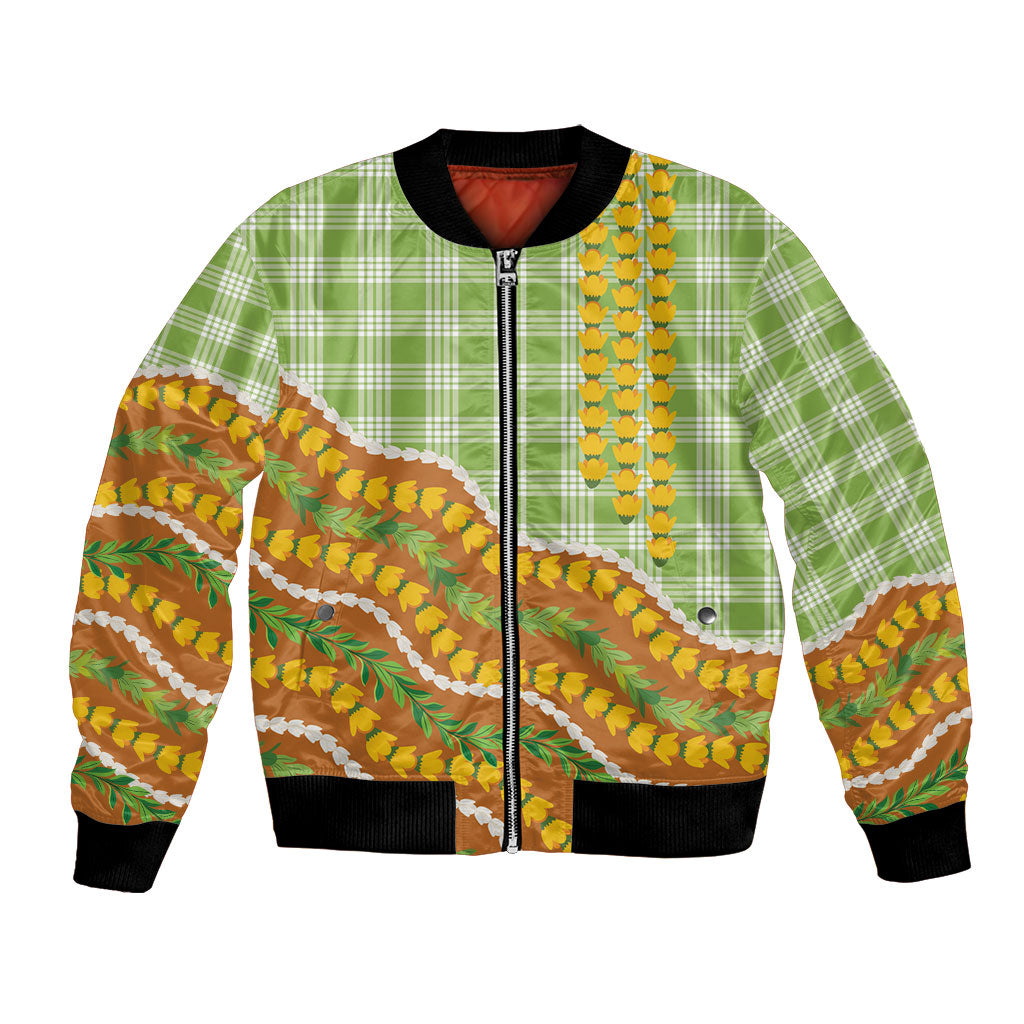 Hawaii Leis Palaka Motifs Bomber Jacket Pikake Pakalana Maile Ilima Kakau Style LT14 Unisex Multicolor - Polynesian Pride
