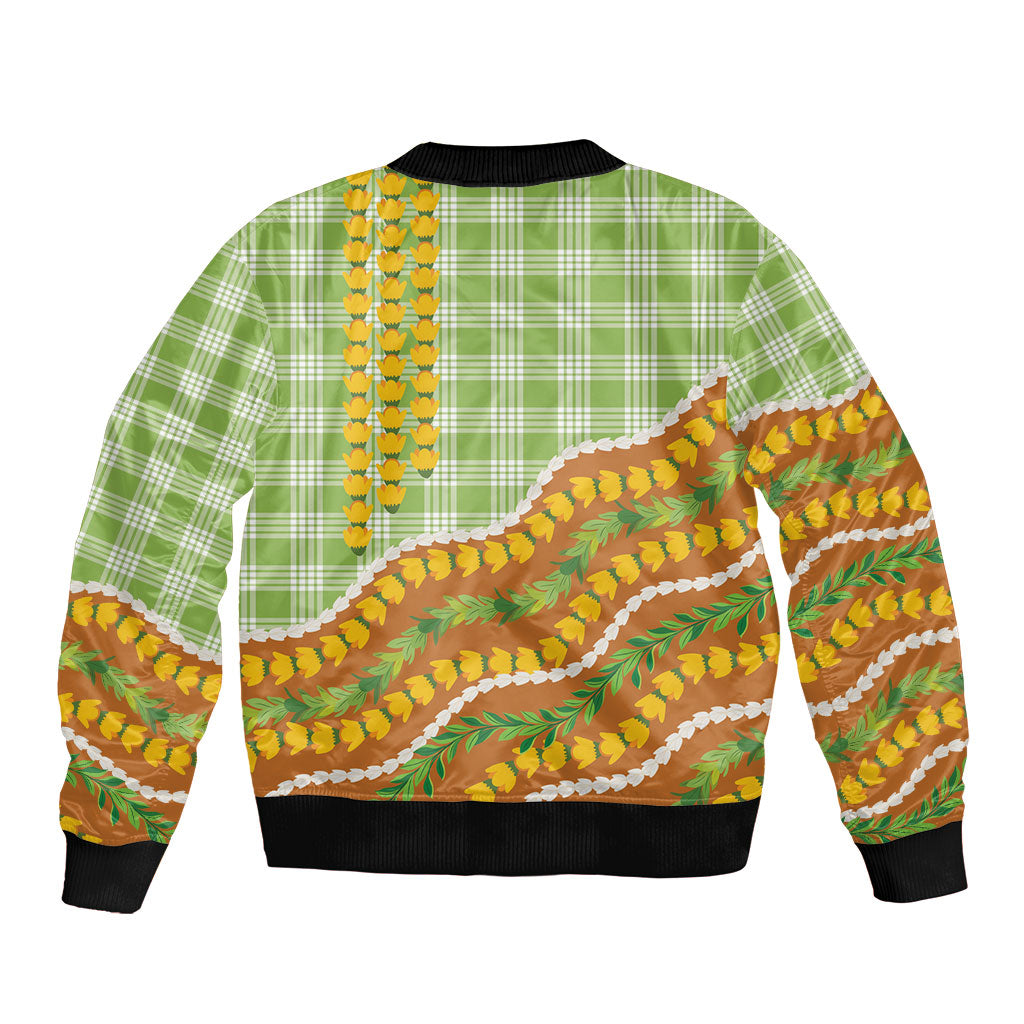 Hawaii Leis Palaka Motifs Bomber Jacket Pikake Pakalana Maile Ilima Kakau Style LT14 - Polynesian Pride
