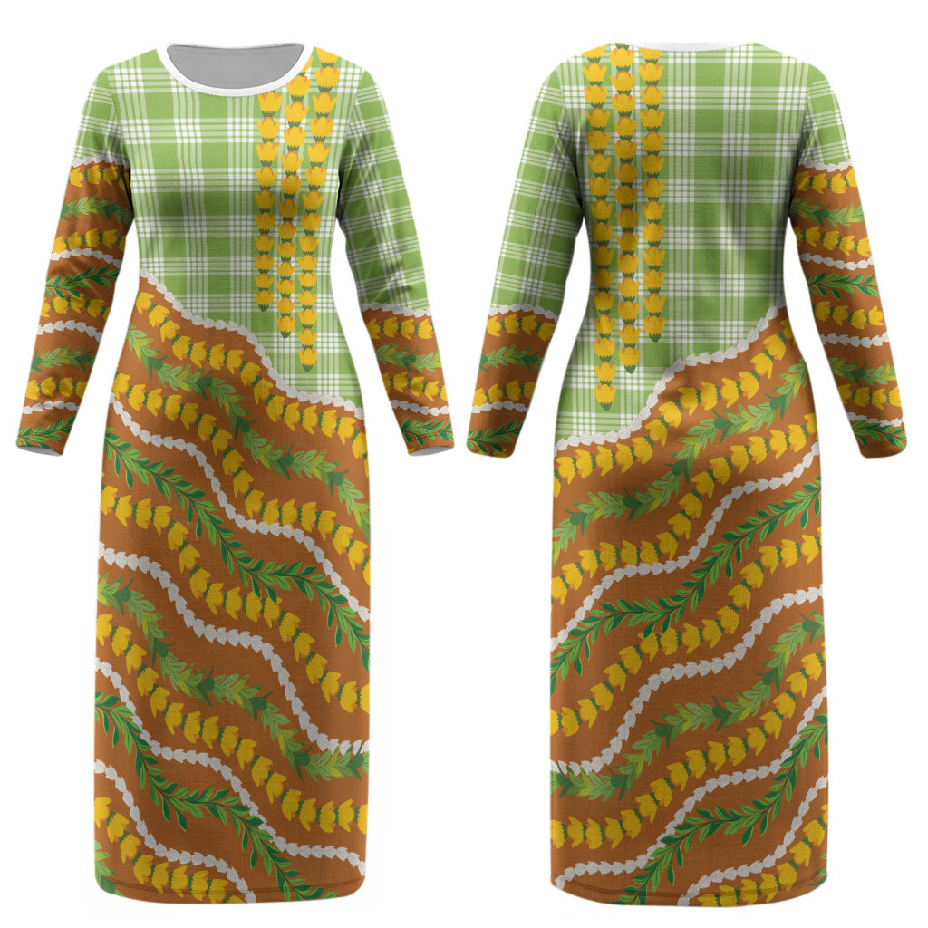 Hawaii Leis Palaka Motifs Couples Matching Long Sleeve Bodycon Dress and Long Sleeve Button Shirt Pikake Pakalana Maile Ilima Kakau Style LT14 - Polynesian Pride