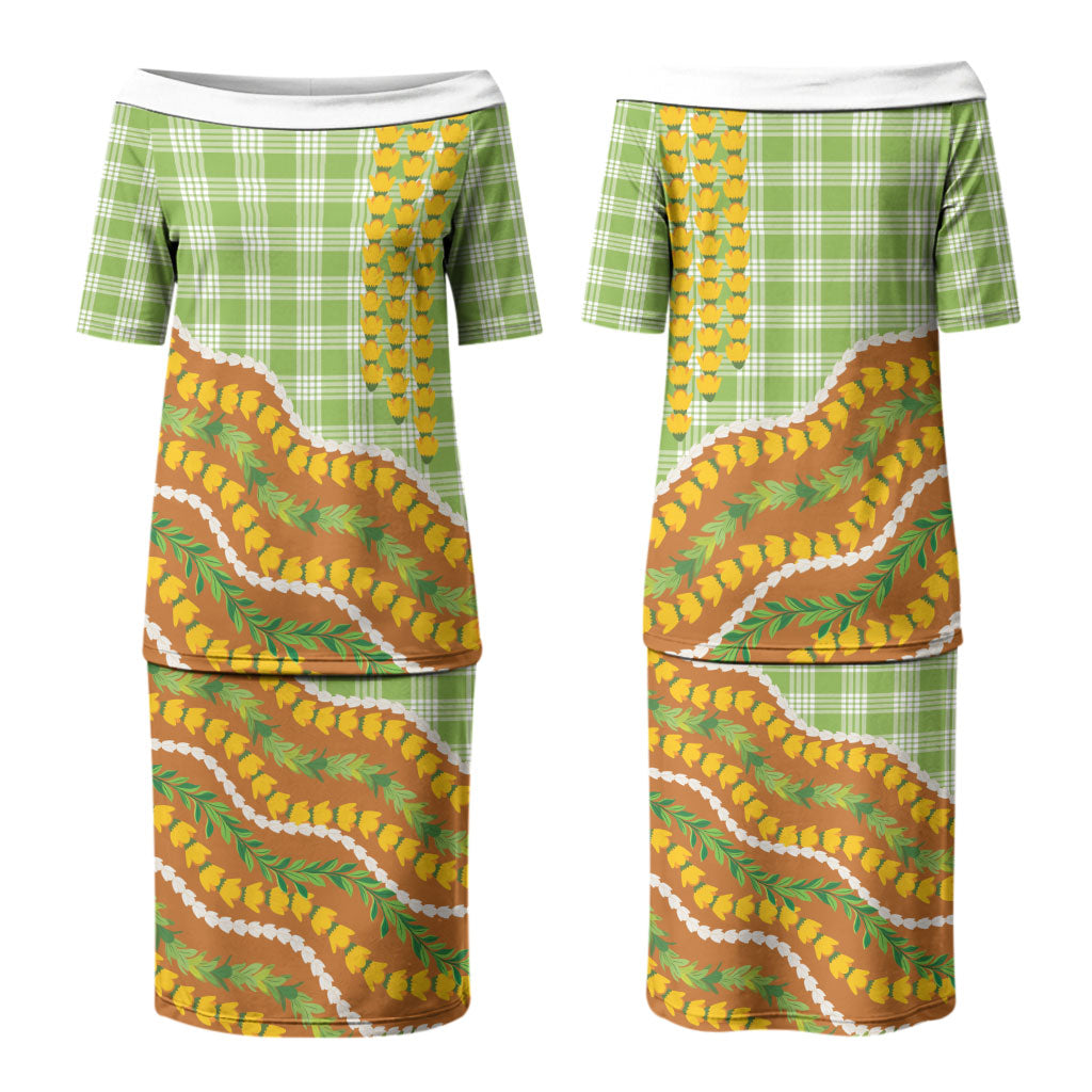 Hawaii Leis Palaka Motifs Couples Matching Puletasi and Long Sleeve Button Shirt Pikake Pakalana Maile Ilima Kakau Style LT14 - Polynesian Pride