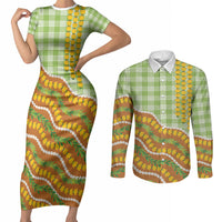 Hawaii Leis Palaka Motifs Couples Matching Short Sleeve Bodycon Dress and Long Sleeve Button Shirt Pikake Pakalana Maile Ilima Kakau Style LT14 Multicolor - Polynesian Pride