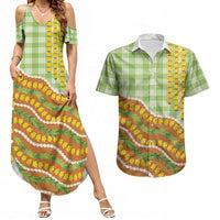 Hawaii Leis Palaka Motifs Couples Matching Summer Maxi Dress and Hawaiian Shirt Pikake Pakalana Maile Ilima Kakau Style LT14 Multicolor - Polynesian Pride