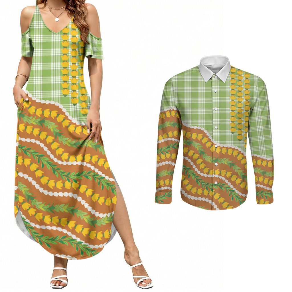 Hawaii Leis Palaka Motifs Couples Matching Summer Maxi Dress and Long Sleeve Button Shirt Pikake Pakalana Maile Ilima Kakau Style