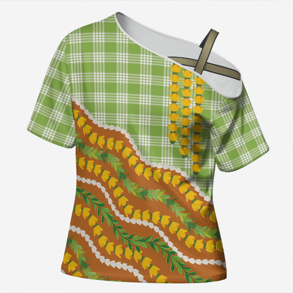 Hawaii Leis Palaka Motifs Cross Shoulder Shirt Pikake Pakalana Maile Ilima Kakau Style LT14 Female Multicolor - Polynesian Pride