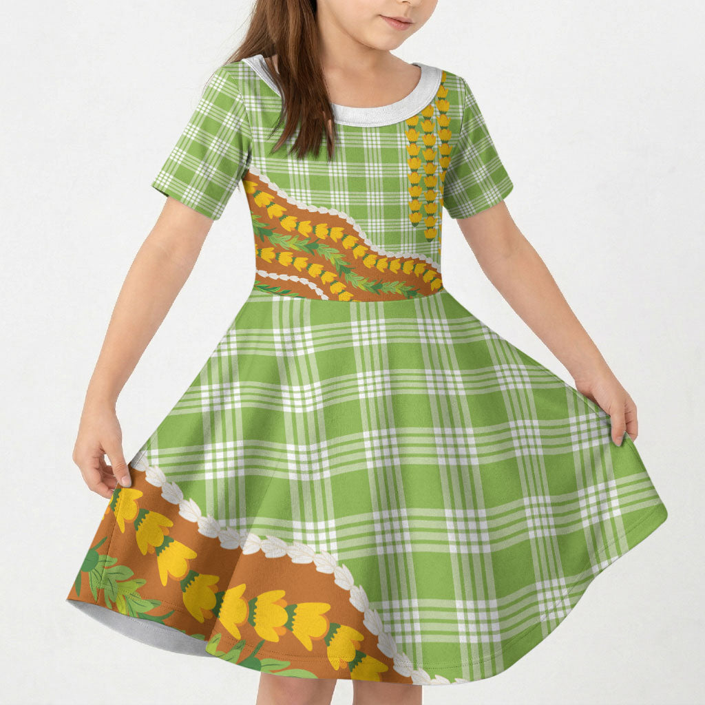 Hawaii Leis Palaka Motifs Kid Short Sleeve Dress Pikake Pakalana Maile Ilima Kakau Style LT14 KID Multicolor - Polynesian Pride