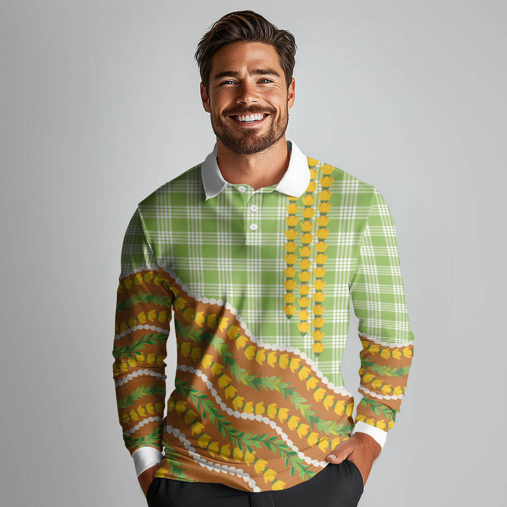 Hawaii Leis Palaka Motifs Long Sleeve Polo Shirt Pikake Pakalana Maile Ilima Kakau Style LT14 - Polynesian Pride