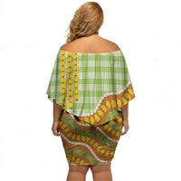 Hawaii Leis Palaka Motifs Off Shoulder Short Dress Pikake Pakalana Maile Ilima Kakau Style LT14 - Polynesian Pride