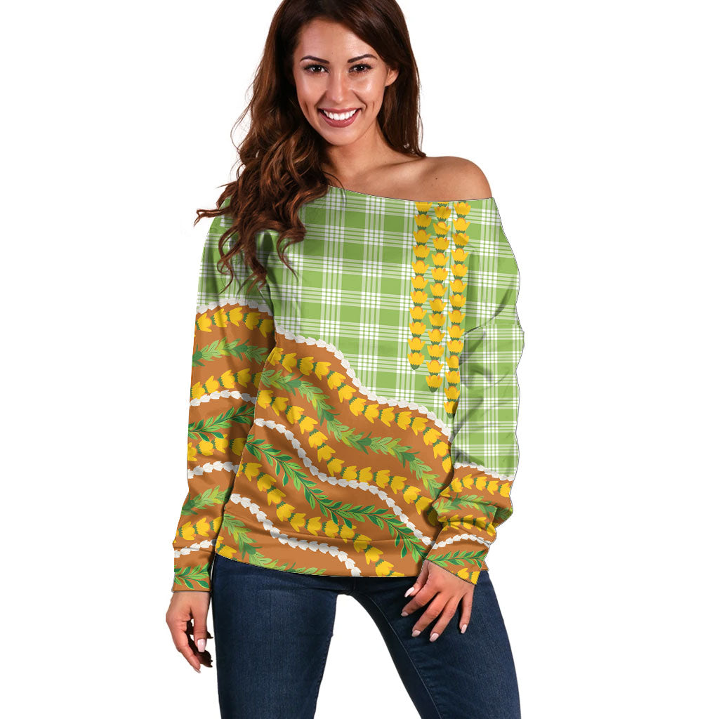Hawaii Leis Palaka Motifs Off Shoulder Sweater Pikake Pakalana Maile Ilima Kakau Style LT14 Women Multicolor - Polynesian Pride