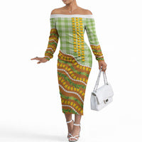Hawaii Leis Palaka Motifs Off The Shoulder Long Sleeve Dress Pikake Pakalana Maile Ilima Kakau Style LT14 Women Multicolor - Polynesian Pride