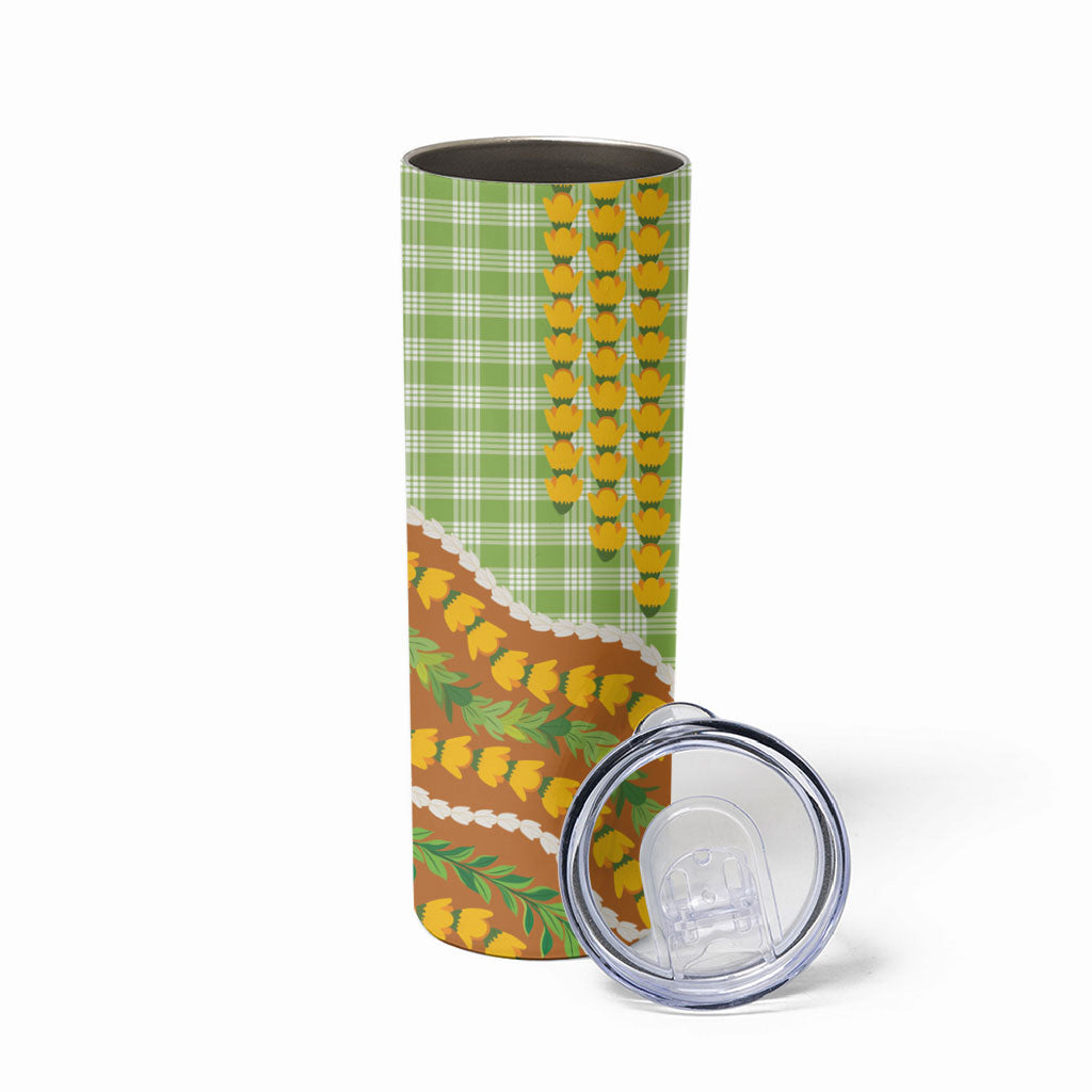 Hawaii Leis Palaka Motifs Skinny Tumbler Pikake Pakalana Maile Ilima Kakau Style LT14 - Polynesian Pride