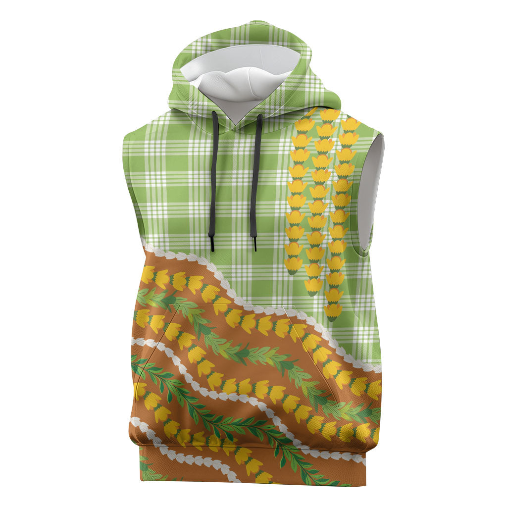 Hawaii Leis Palaka Motifs Sleeveless Hoodie Pikake Pakalana Maile Ilima Kakau Style
