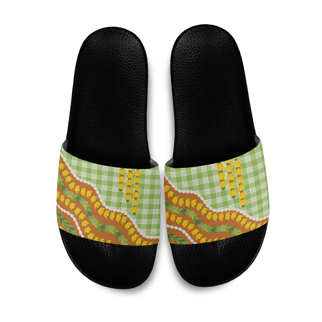 Hawaii Leis Palaka Motifs Slide Sandals Pikake Pakalana Maile Ilima Kakau Style LT14 Multicolor - Polynesian Pride