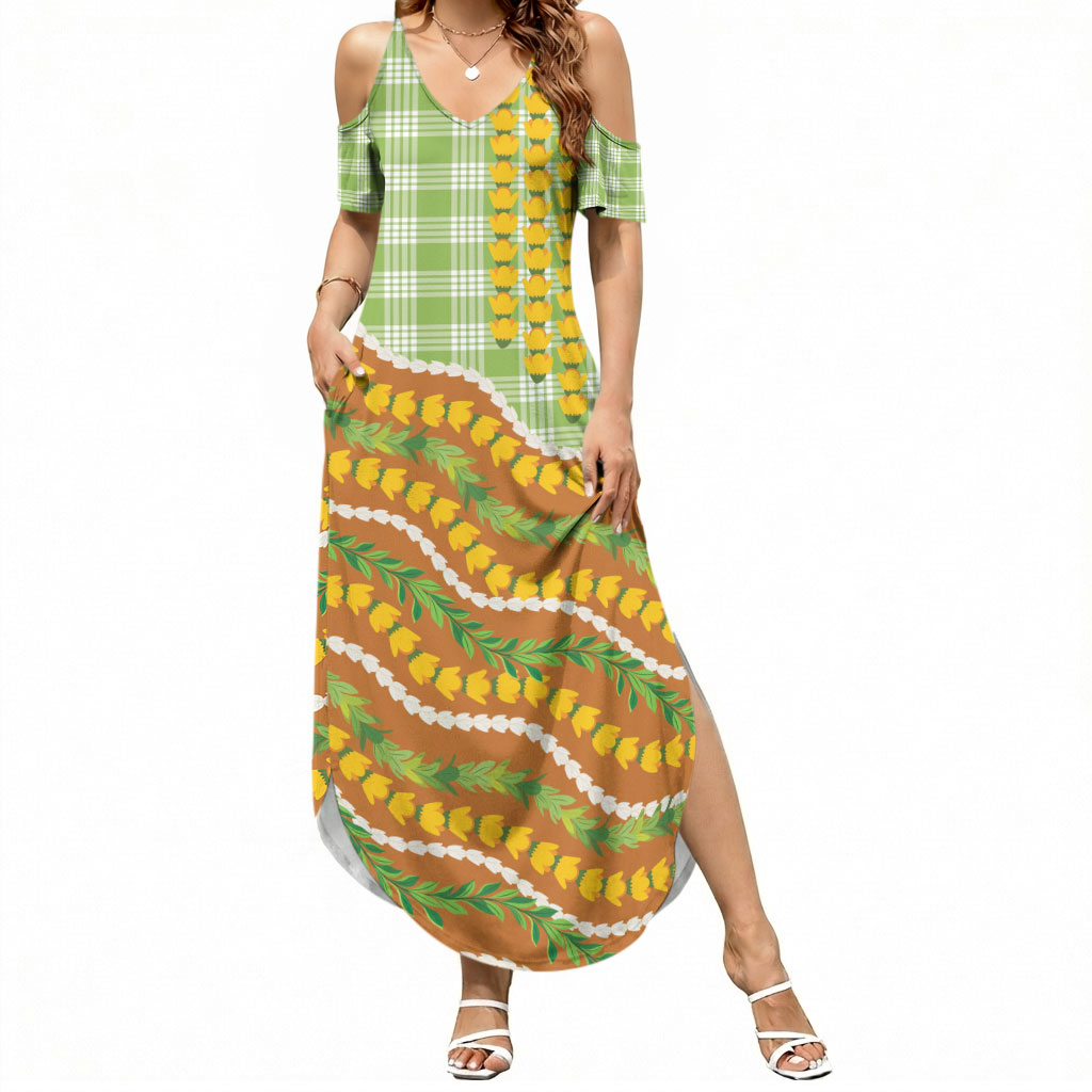 Hawaii Leis Palaka Motifs Summer Maxi Dress Pikake Pakalana Maile Ilima Kakau Style LT14 Women Multicolor - Polynesian Pride
