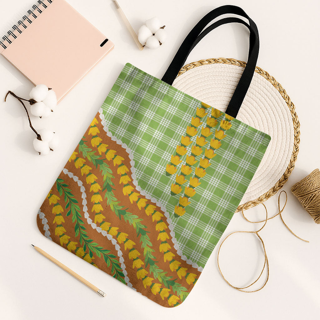 Hawaii Leis Palaka Motifs Tote Bag Pikake Pakalana Maile Ilima Kakau Style LT14 Black Strap One Size Multicolor - Polynesian Pride